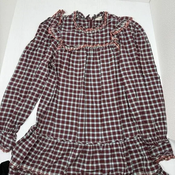 Ulla Johnson Elm Plaid Ruffle Mini Dress Size 8 Burgundy Check Long Sleeve - Picture 6 of 13